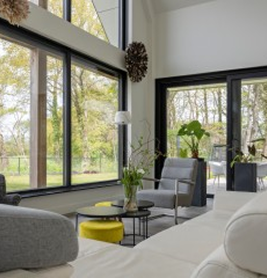 Woonkamer met hoge ramen en veel daglicht
