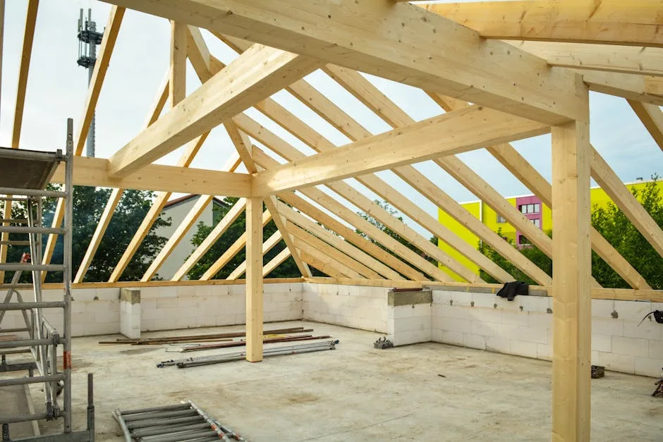 Nieuwe houten dakstructuur tijdens een dakrenovatie